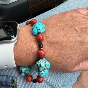 Turquoise and Red Beaded Bracelet